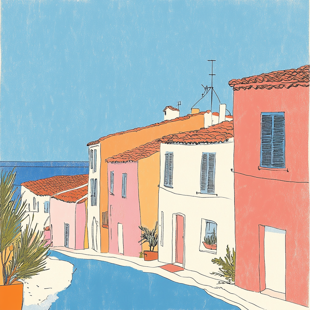 Harriet Lee-Merrion risograph print of Provencal village.