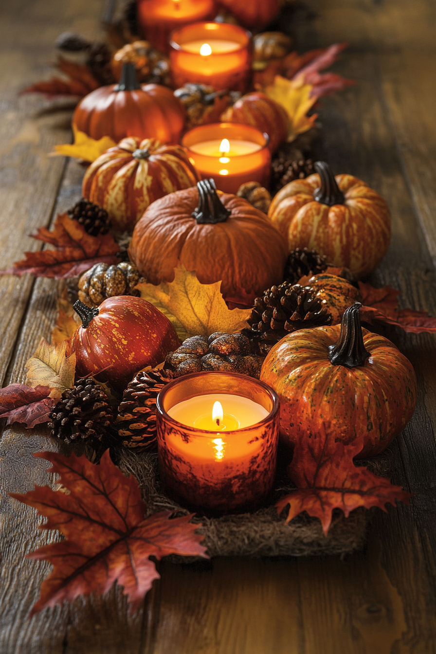 Harvest-themed table centerpiece with mini pumpkins and candles 