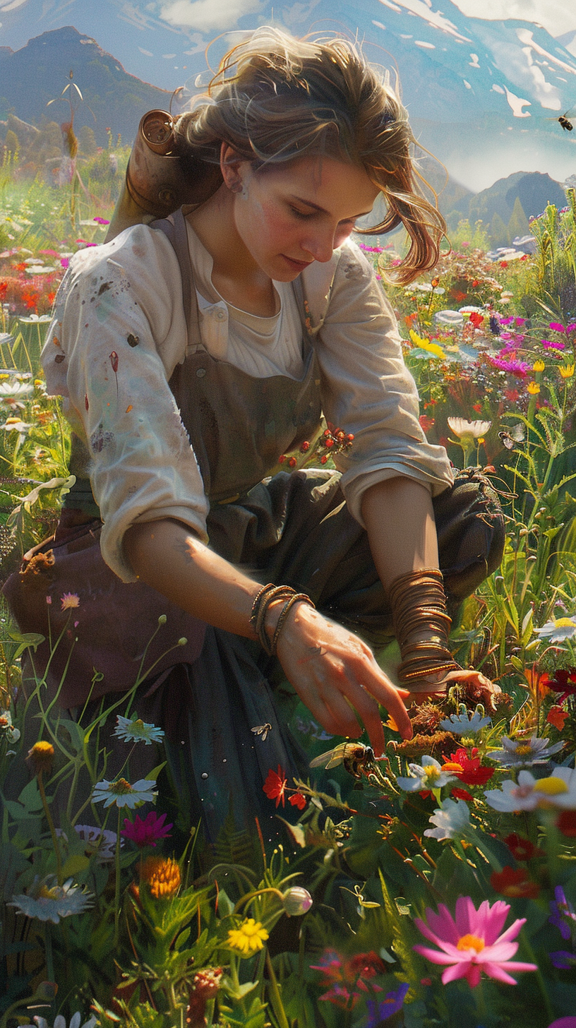 Harvesting woman kneeling in vibrant flower field under hot sun.