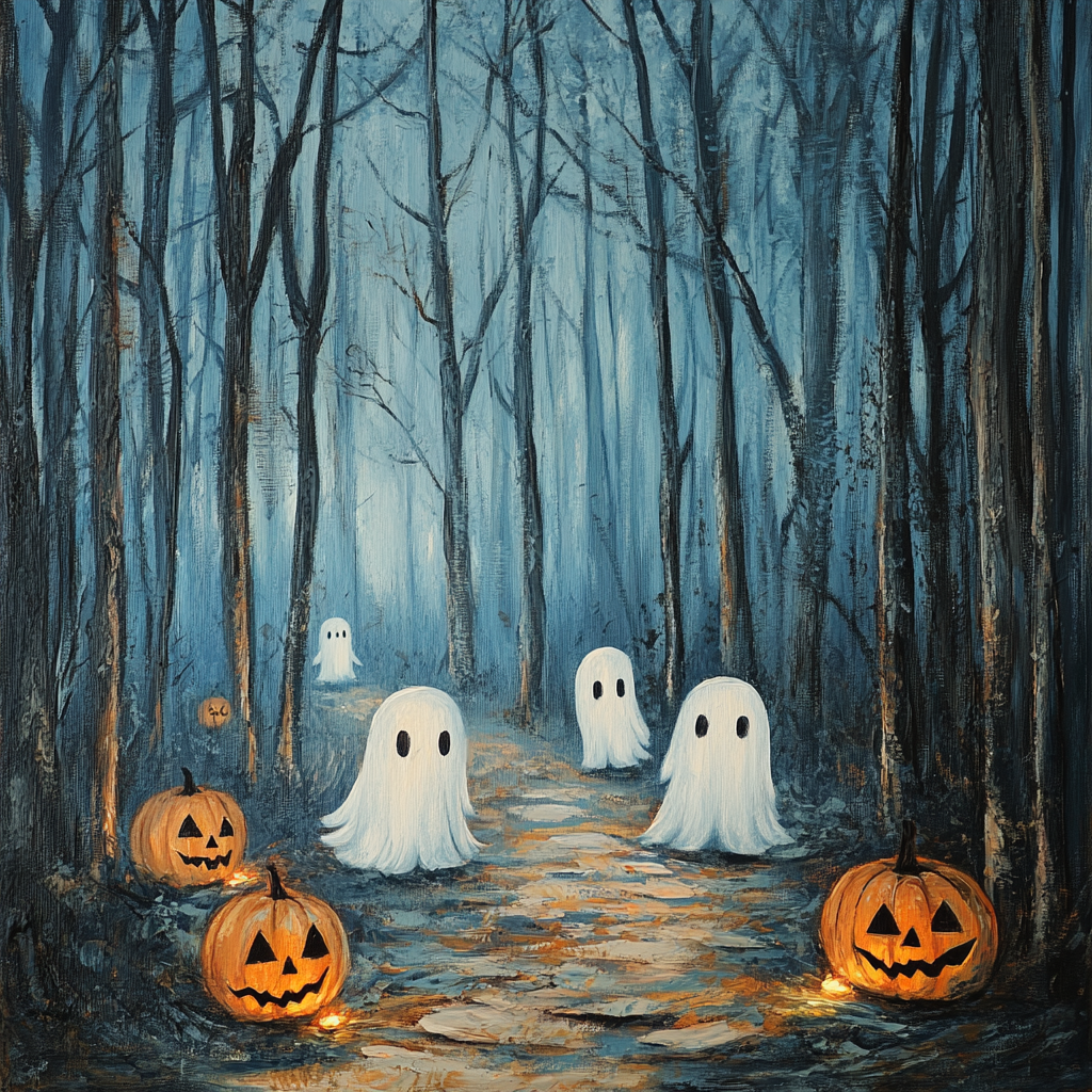 Haunted Forest Oil Painting with Cute Ghost Family