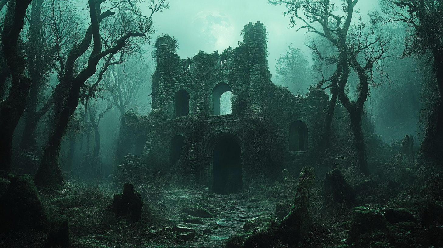 Haunted Forest with Ruined Stone Structure and Ghostly Figures