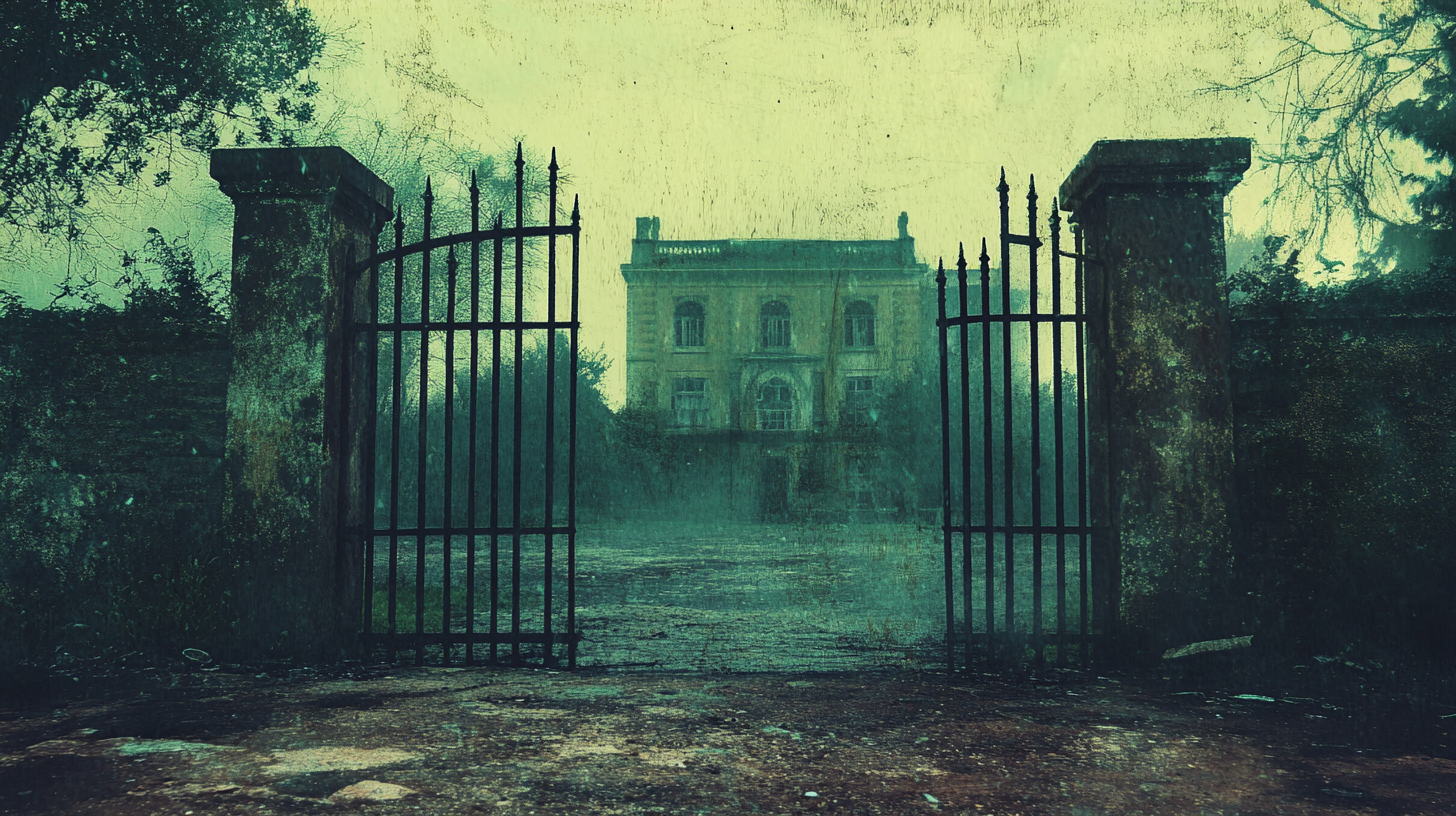 Haunted Hospital Gate in Misty Green Scene