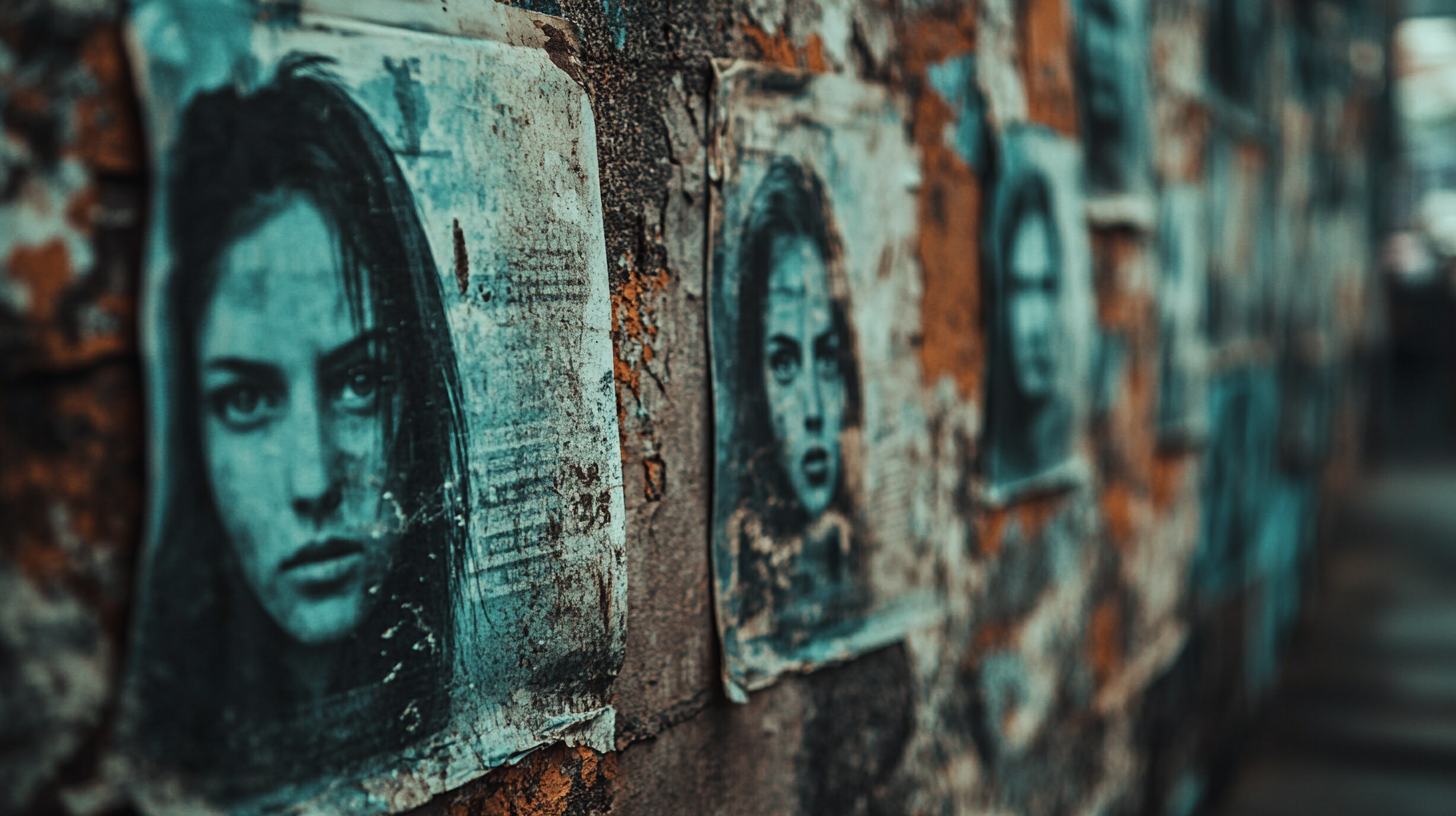 Haunted alleyway with faded missing posters of people