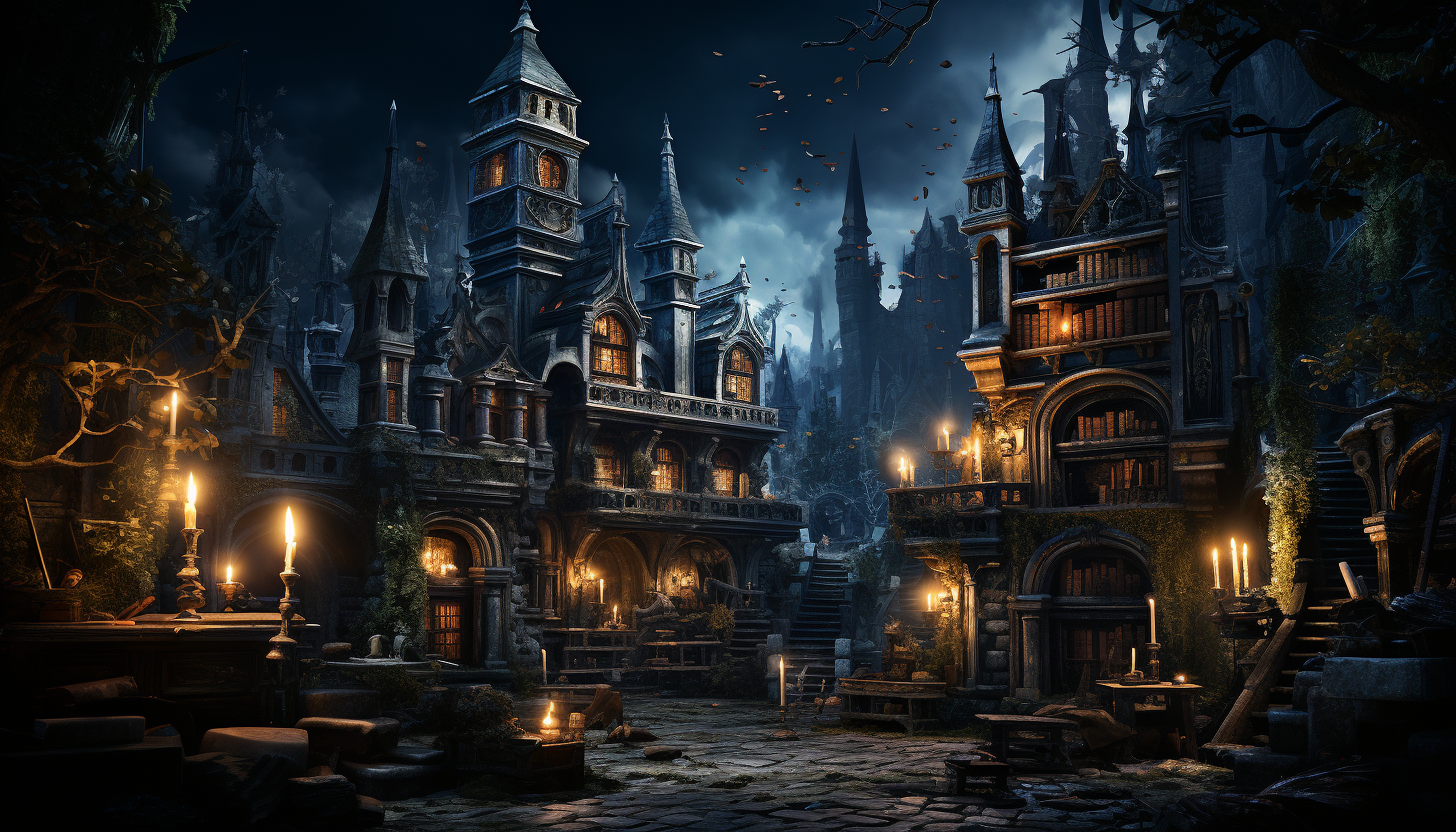 Haunted castle library at night, magical setting, realistic style.