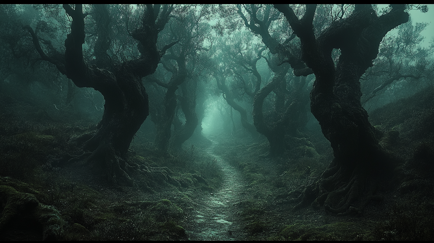 Haunted forest with winding pathway and eerie atmosphere.