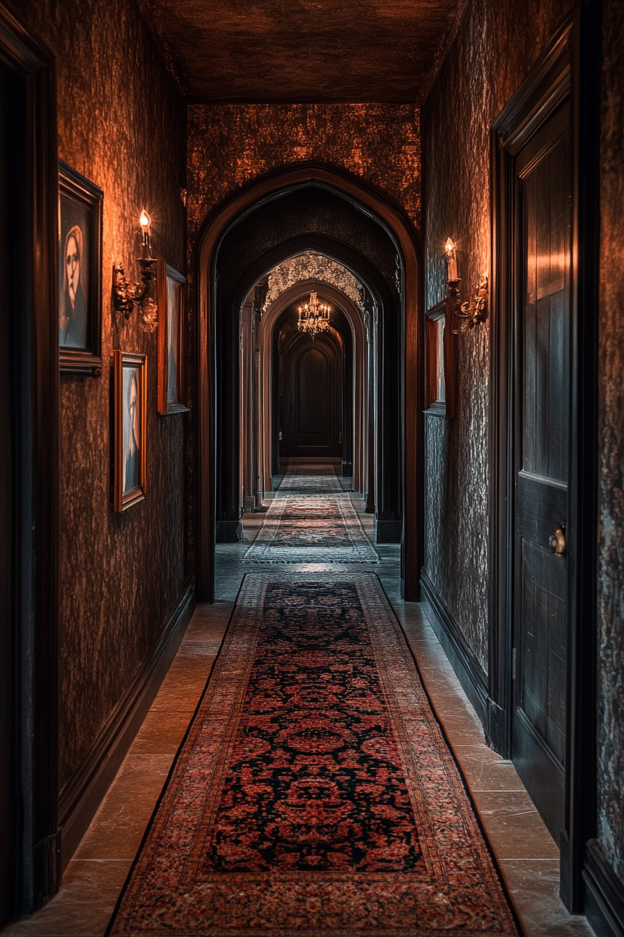 Haunted hallway with dim lighting, eerie portraits, Gothic arches.