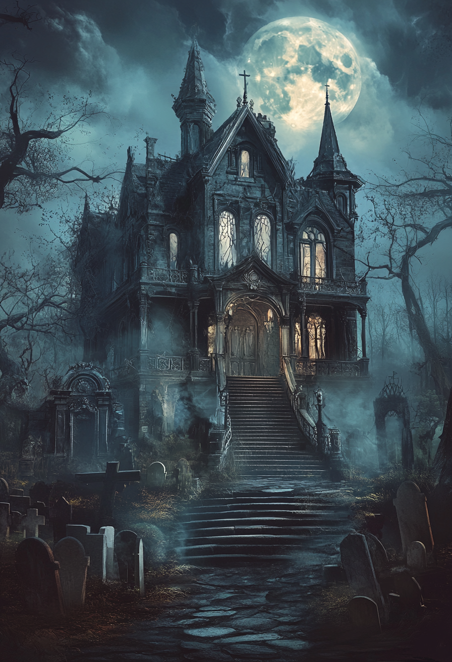 Haunted mansion with moonlit stairs, eerie trees, cemetery.