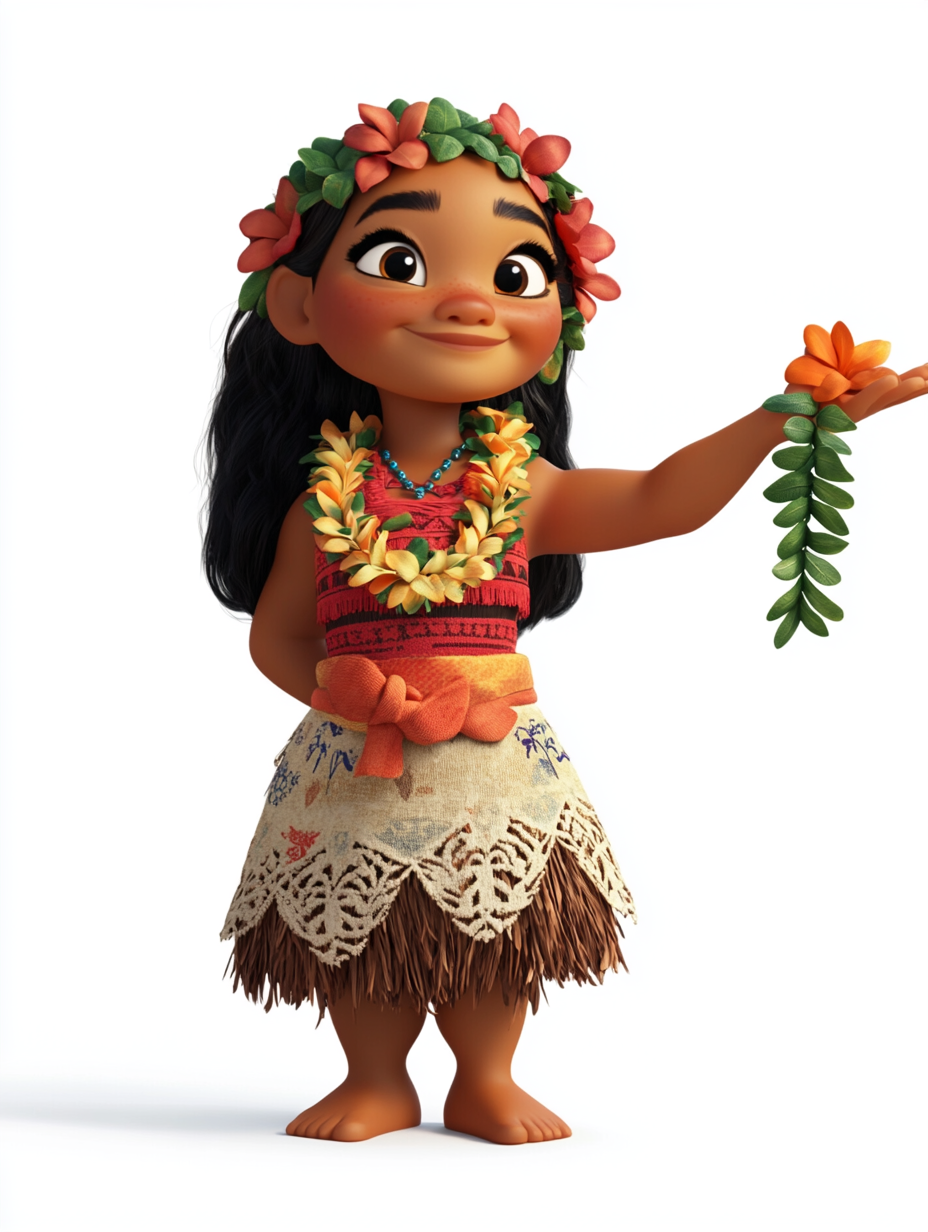 Hawaiian woman gives lei in 3D Pixar style