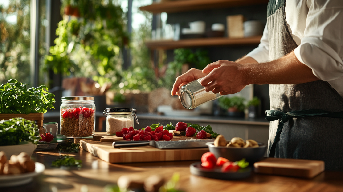 Healthy Chef Prepares Low-Calorie Dessert in Modern Kitchen 