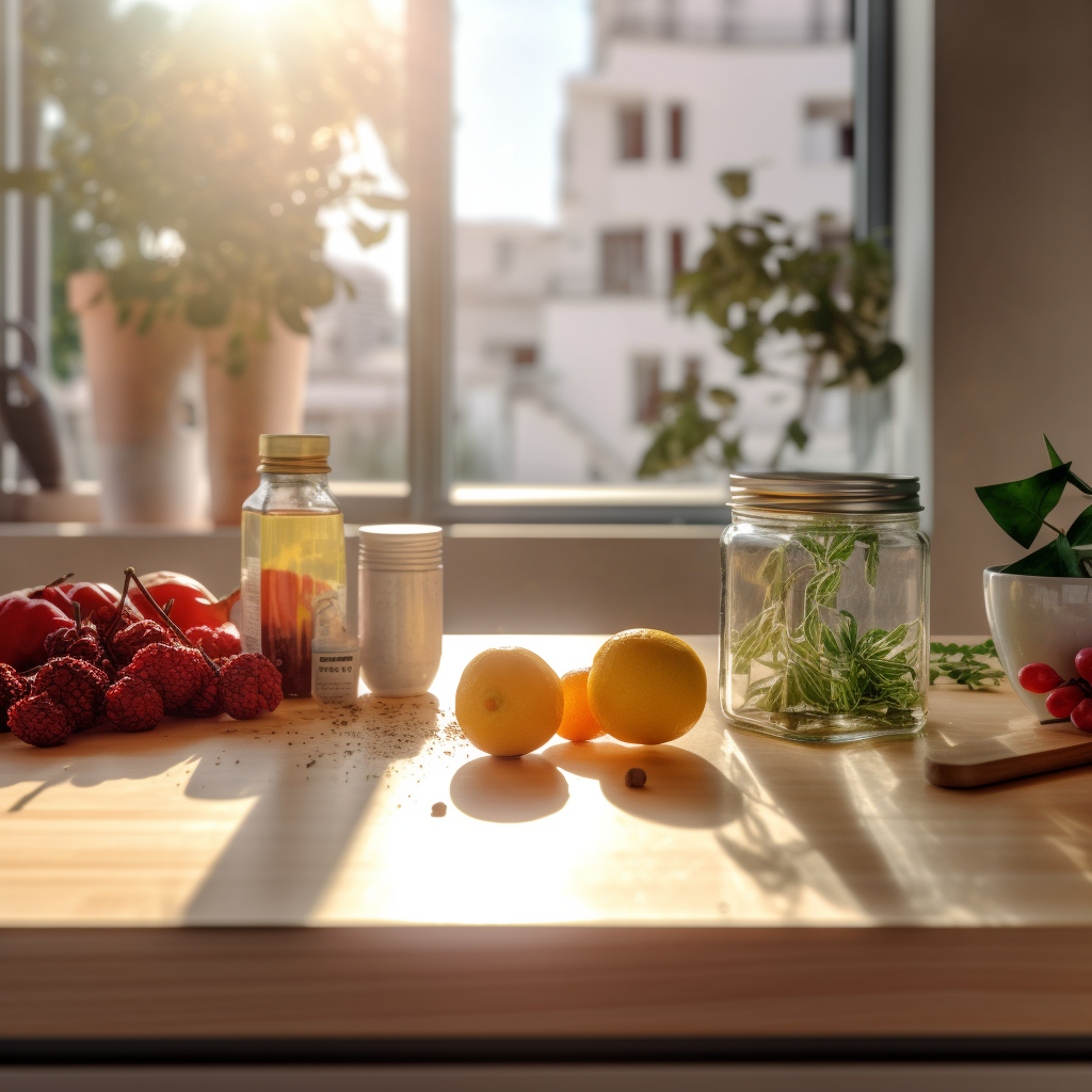 Healthy Kitchen with Fruits and Tea in Sunlight