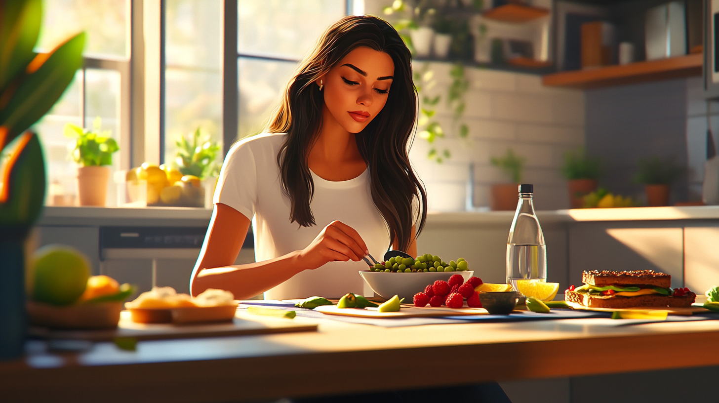 Healthy Woman Enjoying Balanced Diet in Bright Kitchen