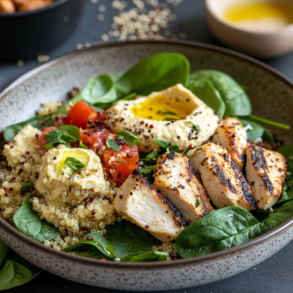 Healthy quinoa salad with grilled chicken on ceramic plate.