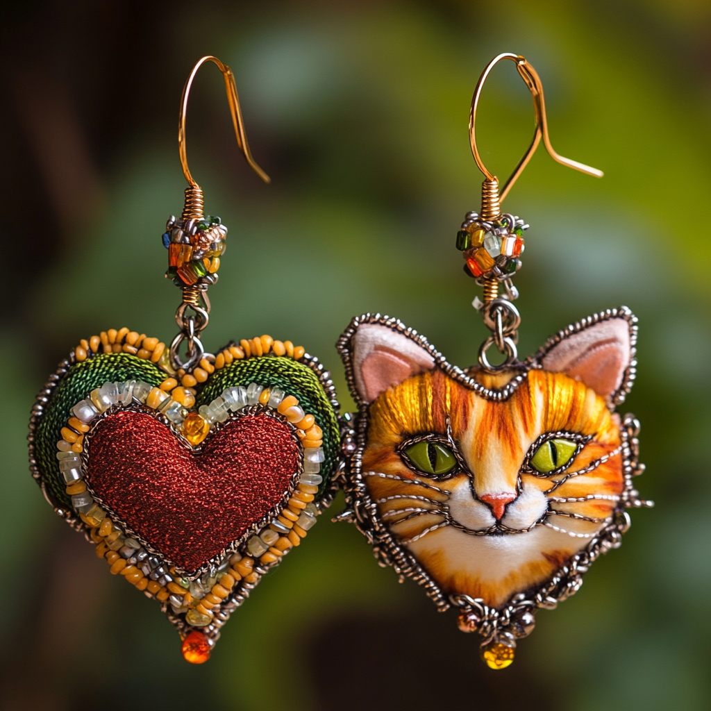 Heart and cat earrings in Dadaism style, colorful beads.