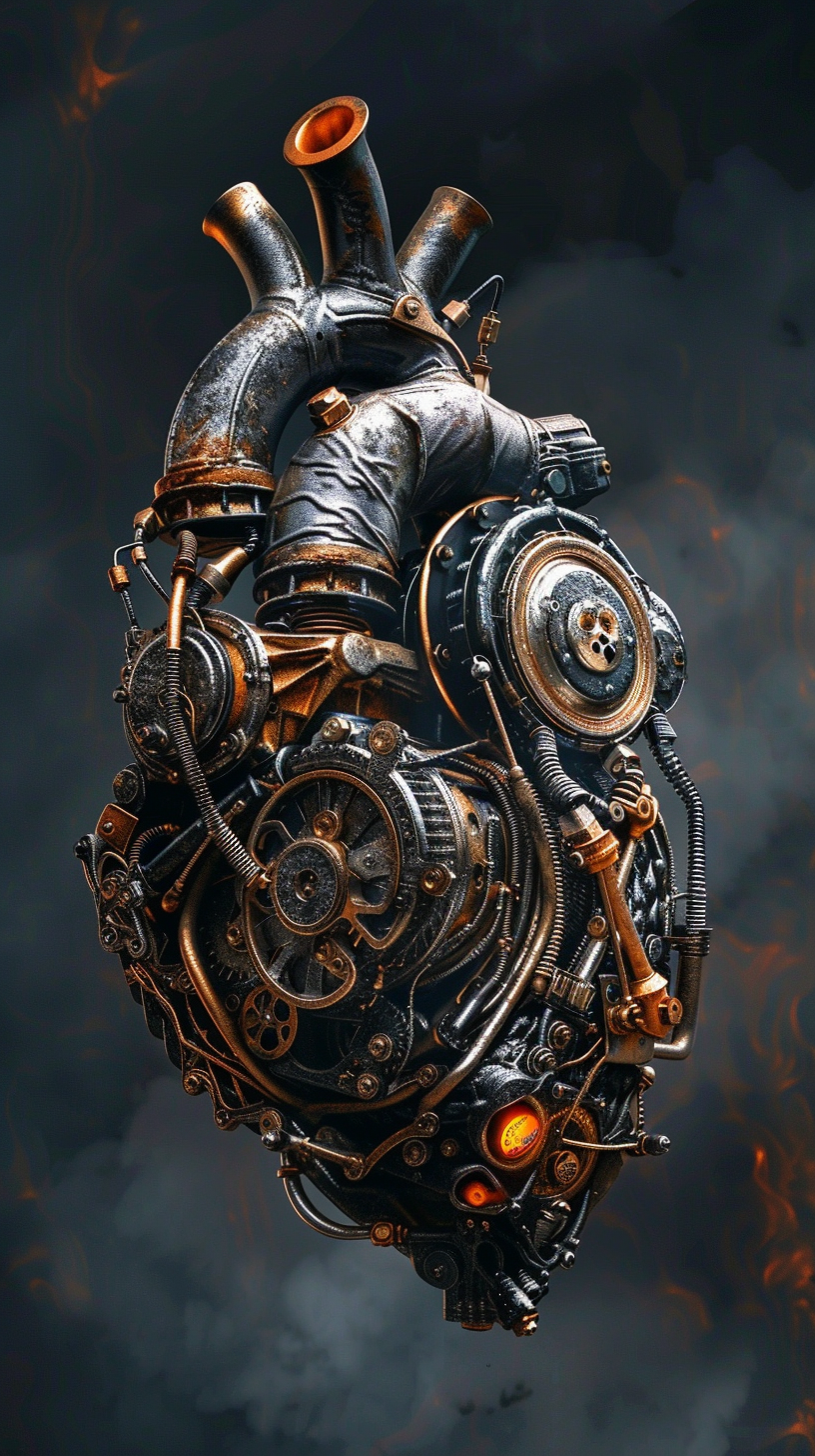 Heart made of motorcycle parts, detailed, realistic, steampunk style.