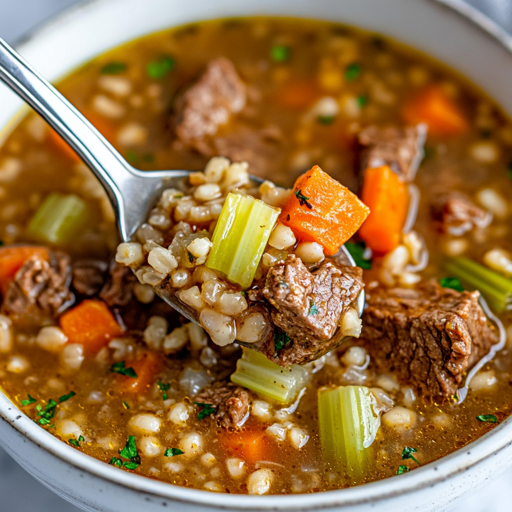 Hearty beef barley soup with vegetables and barley