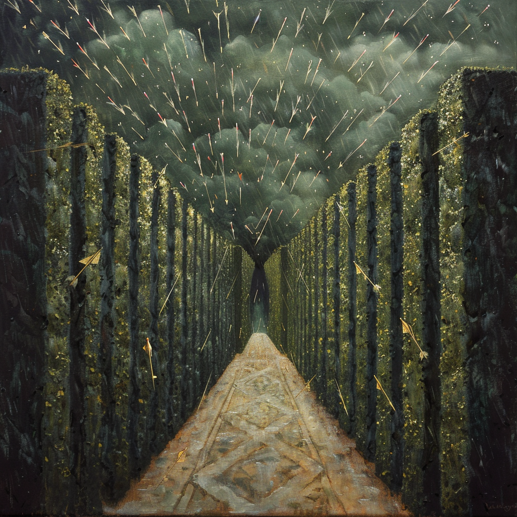 Hedge tunnel, arrows raining, fantasy art oil painting.