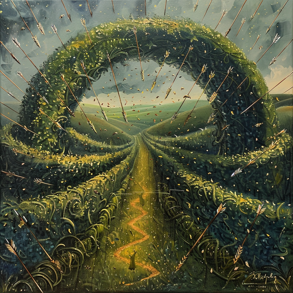 Hedge tunnel in Hobbiton, arrows falling diagonally.