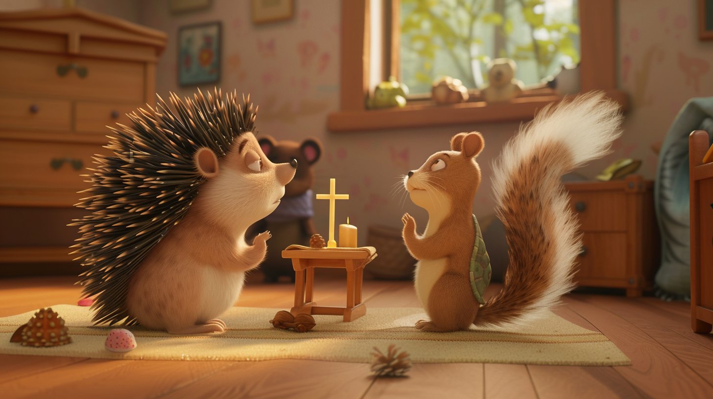 Hedgehog, turtle, squirrel pray to Jesus