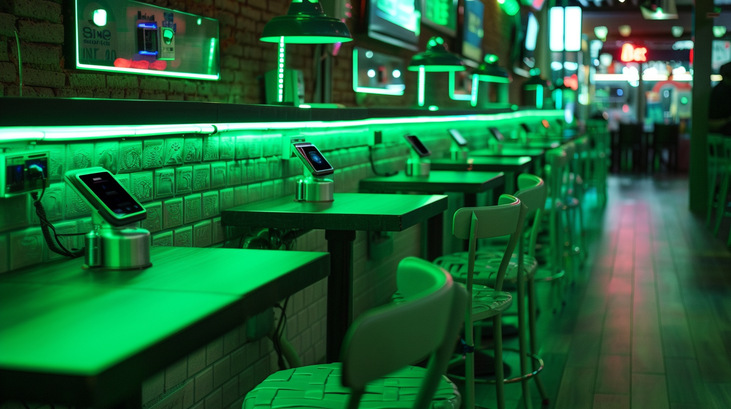 Heineken-style bar with green lights, tables, chairs. Cell phones connected to power outlets above.