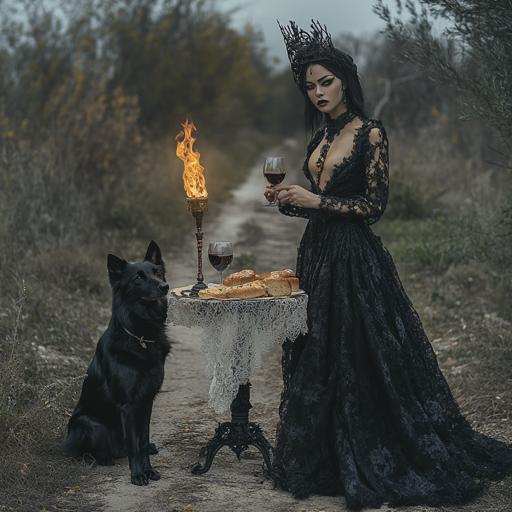 Hekate Goddess poses with garlic bread on table.