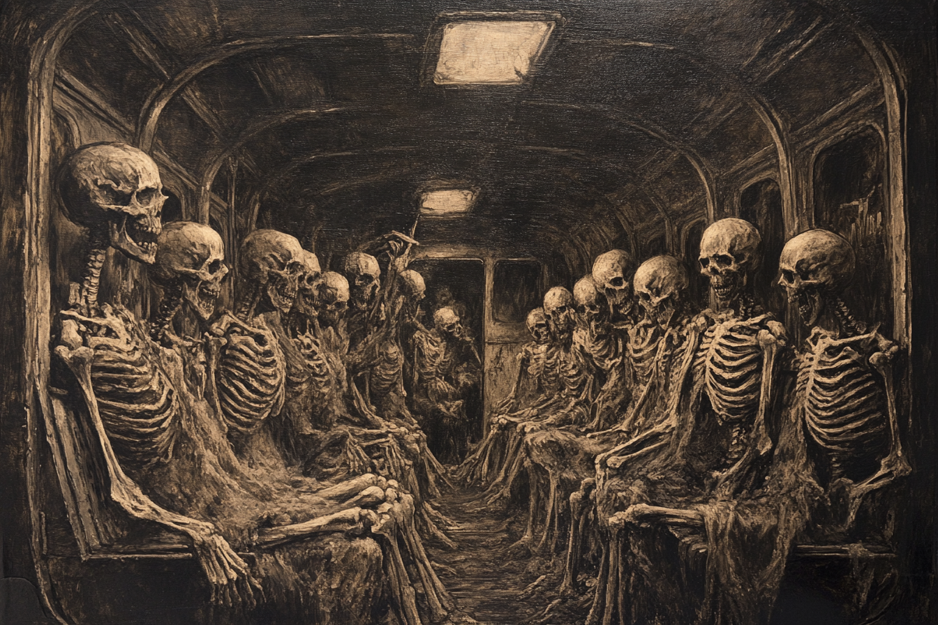 Hellish subway with undead skeletons in cramped wagon.