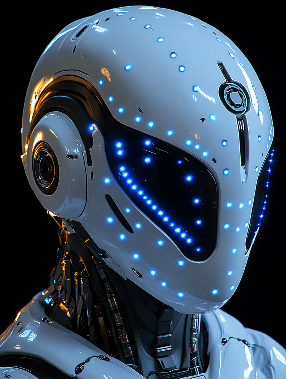 Helmet with blue LED lights on reflective metallic surface.