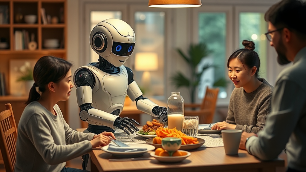 Helpful robot sets dinner table for family.