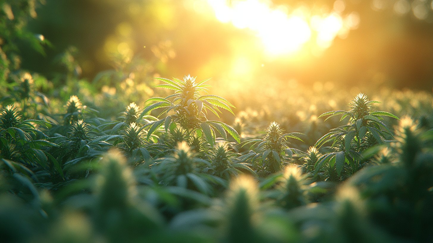 Hemp plants in desert field under bright sunlight.