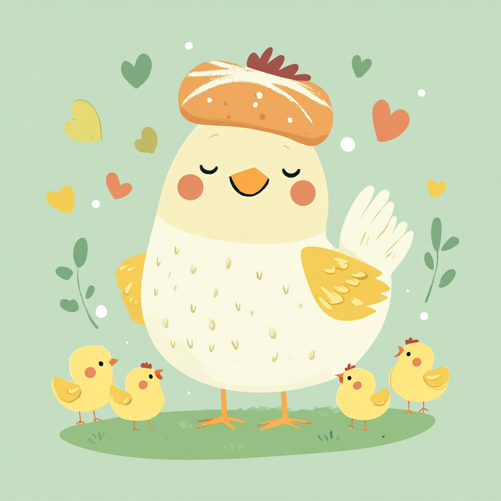 Hen wearing bread hat, chicks around, cute cartoon design.