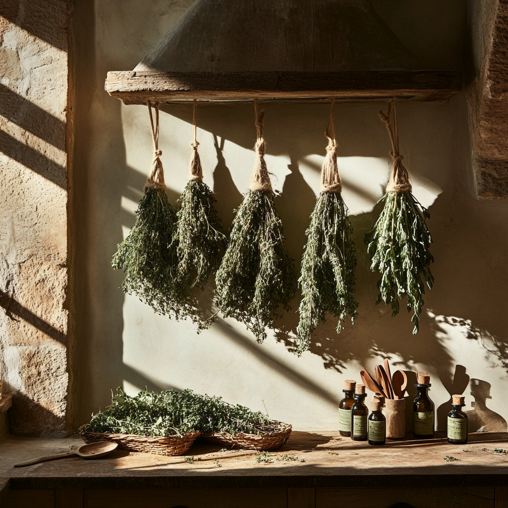 Herb Bundles Drying in a Rustic Kitchen