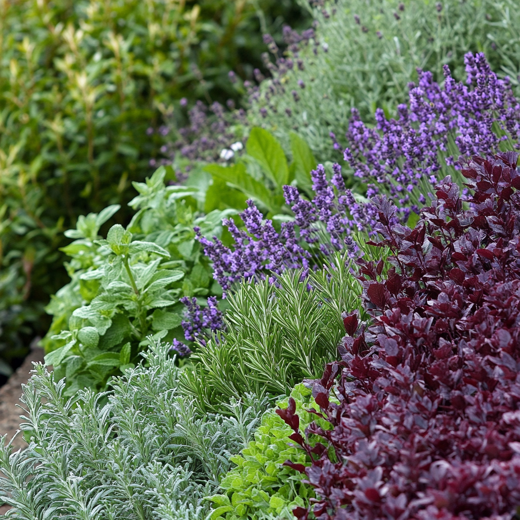 Herb garden in sea of lavender plants, rosemary, basil.