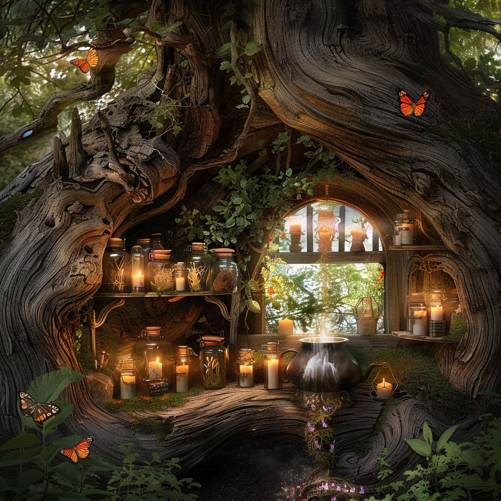 Herbal apothecary hidden in tree with candles, cauldron.