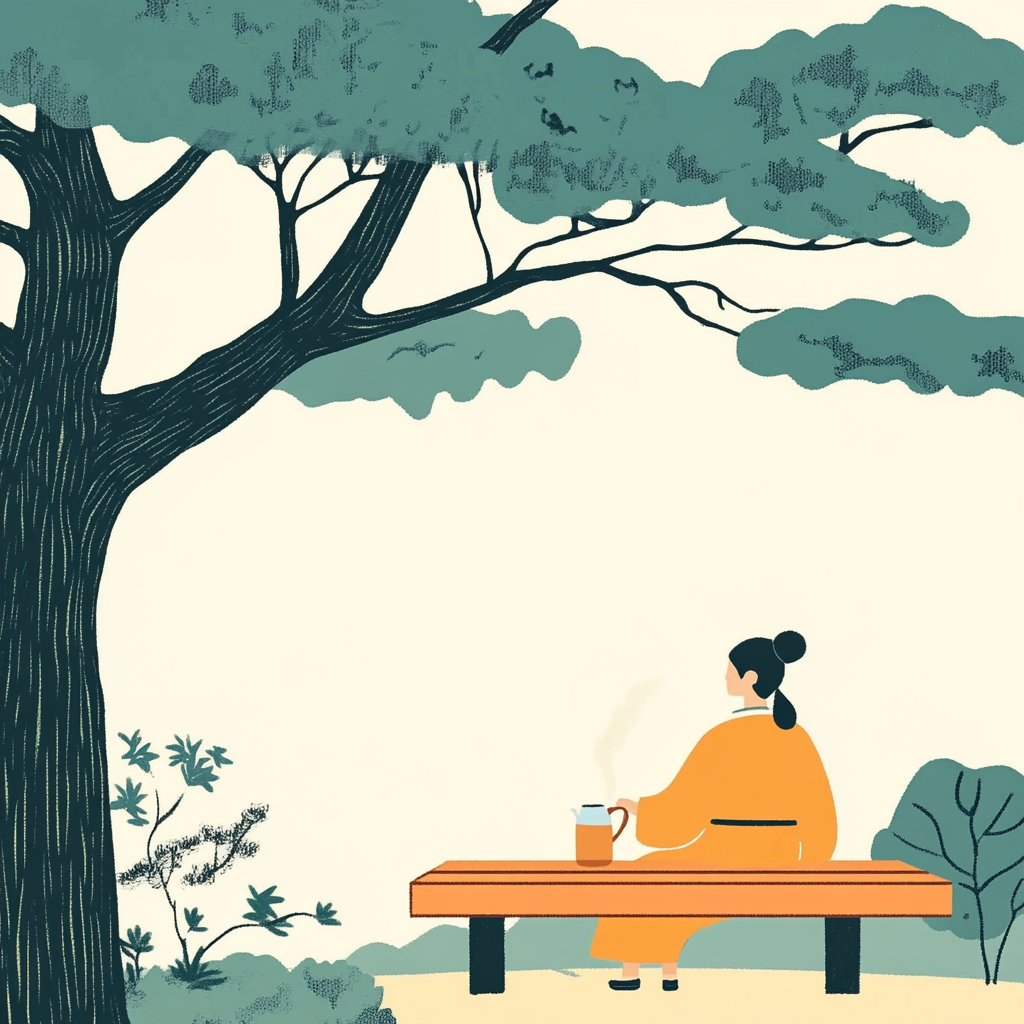 Herbal tea sipping Korean person in peaceful park.