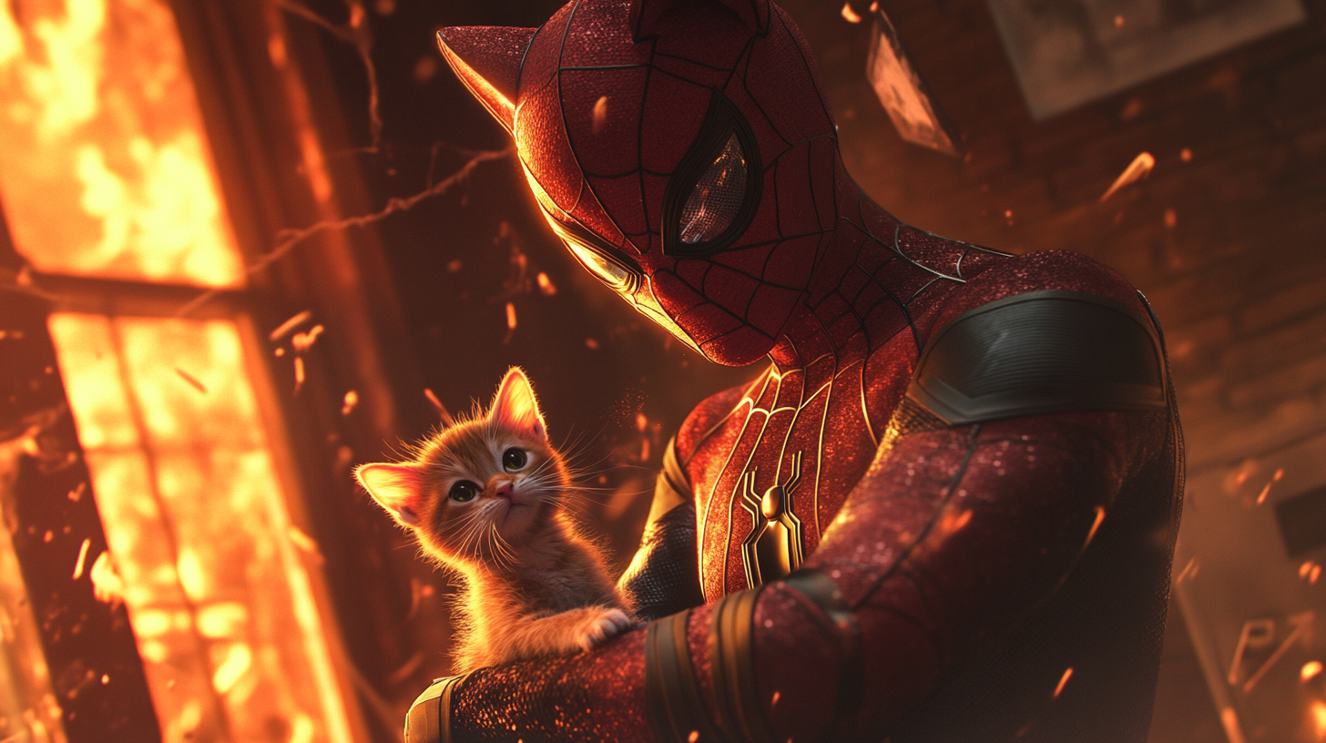 Heroic Cat Spider-Man saves kitten from burning room.