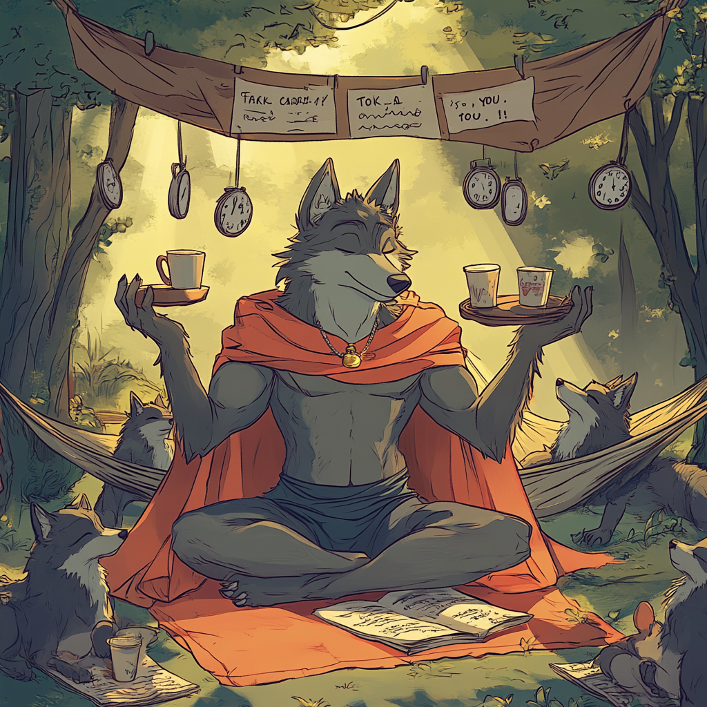 Heroic wolf juggles clocks, lists, coffee, meditates; friends relax.