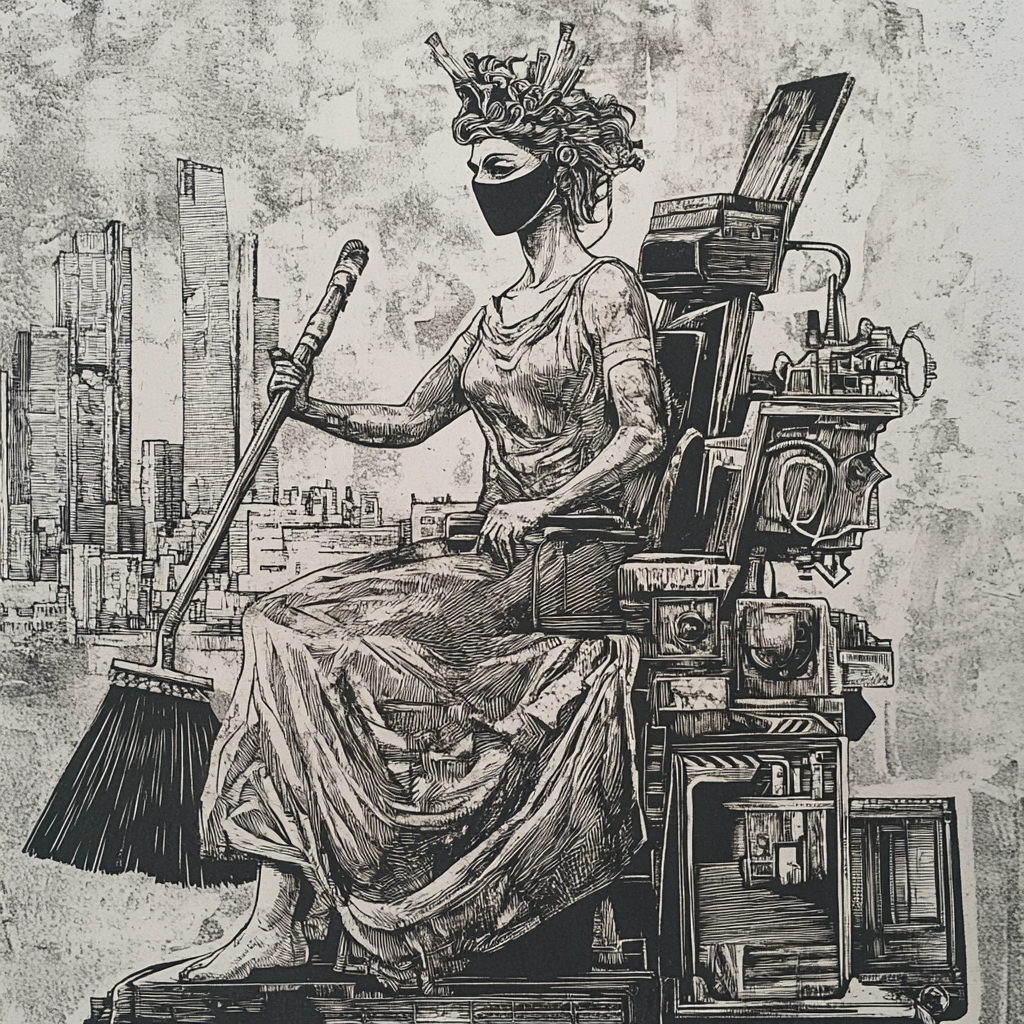 Hestia fighting city dust with modern technology, etching illustration.