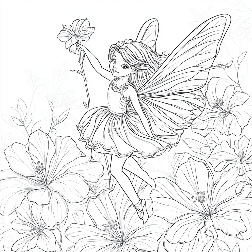 Hibiscus Fairy: Tim Burton-Inspired Cartoon Coloring Page