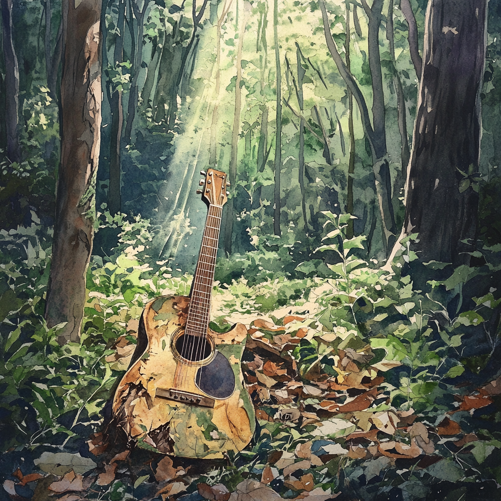 Hidden broken guitar in magical forest sunlight.