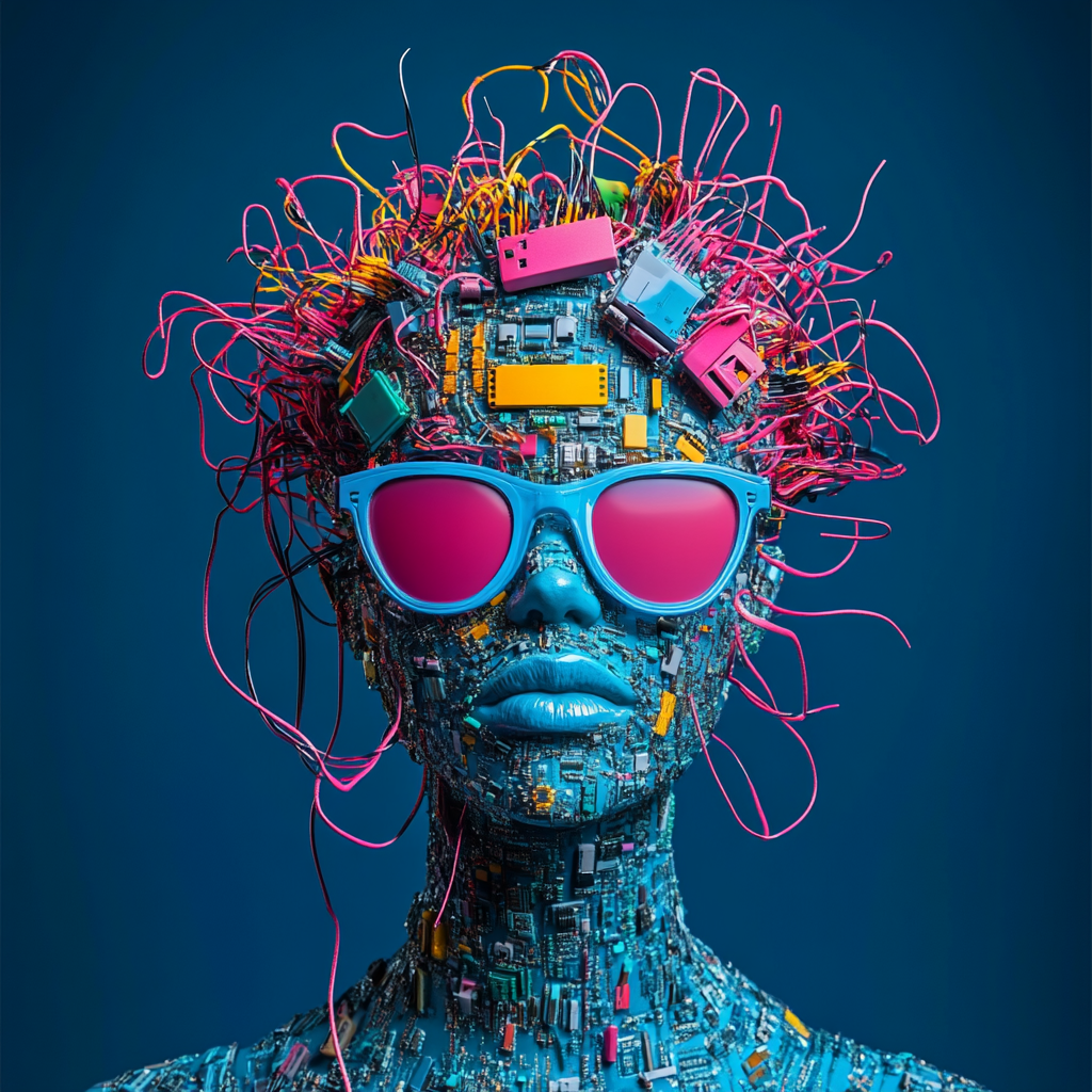 High-Fashion Electronic Waste Portrait in Vibrant Colors