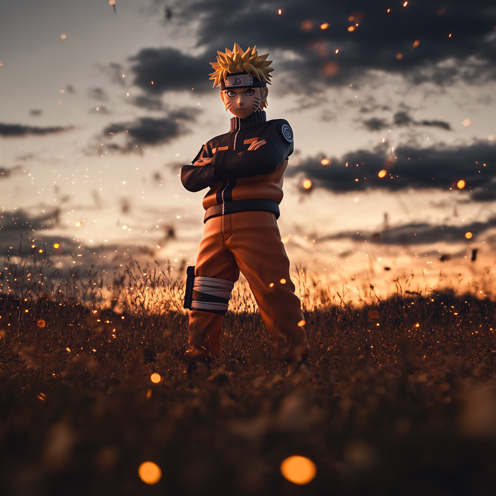 High-Resolution Naruto Standing in Field with Sparks Background