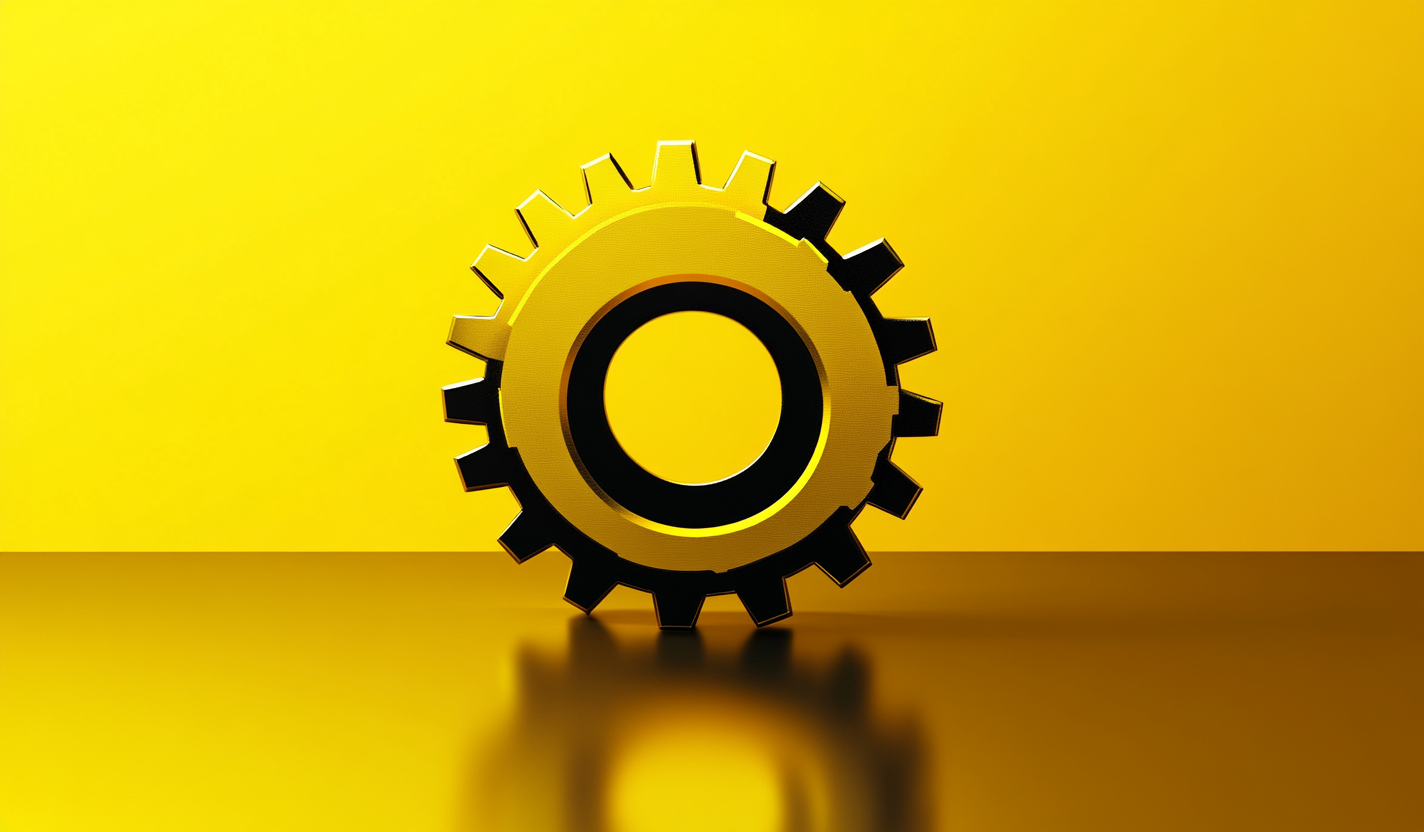 High-Resolution Yellow Gear Icon on Reflective Surface