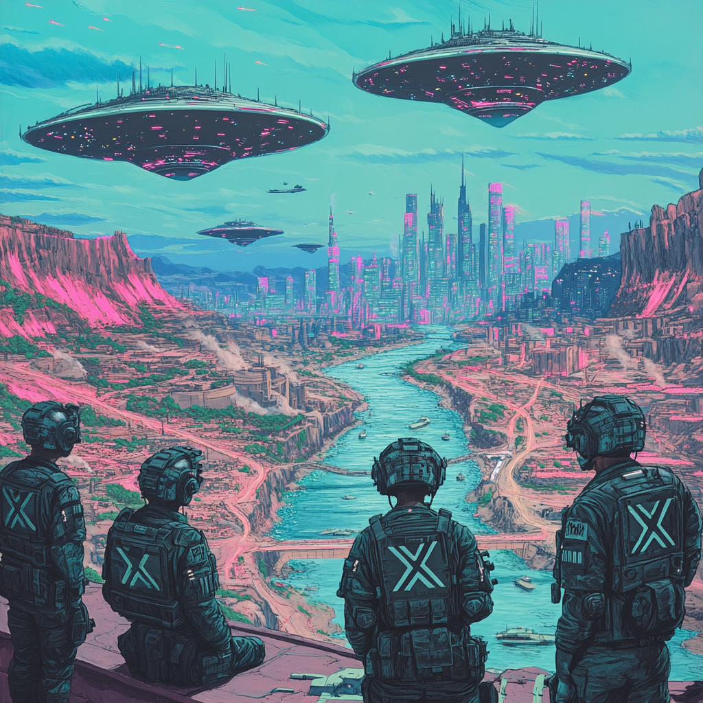 High Tech Army with X Symbols, UFO Fleet, Cityscape by Matt Furie