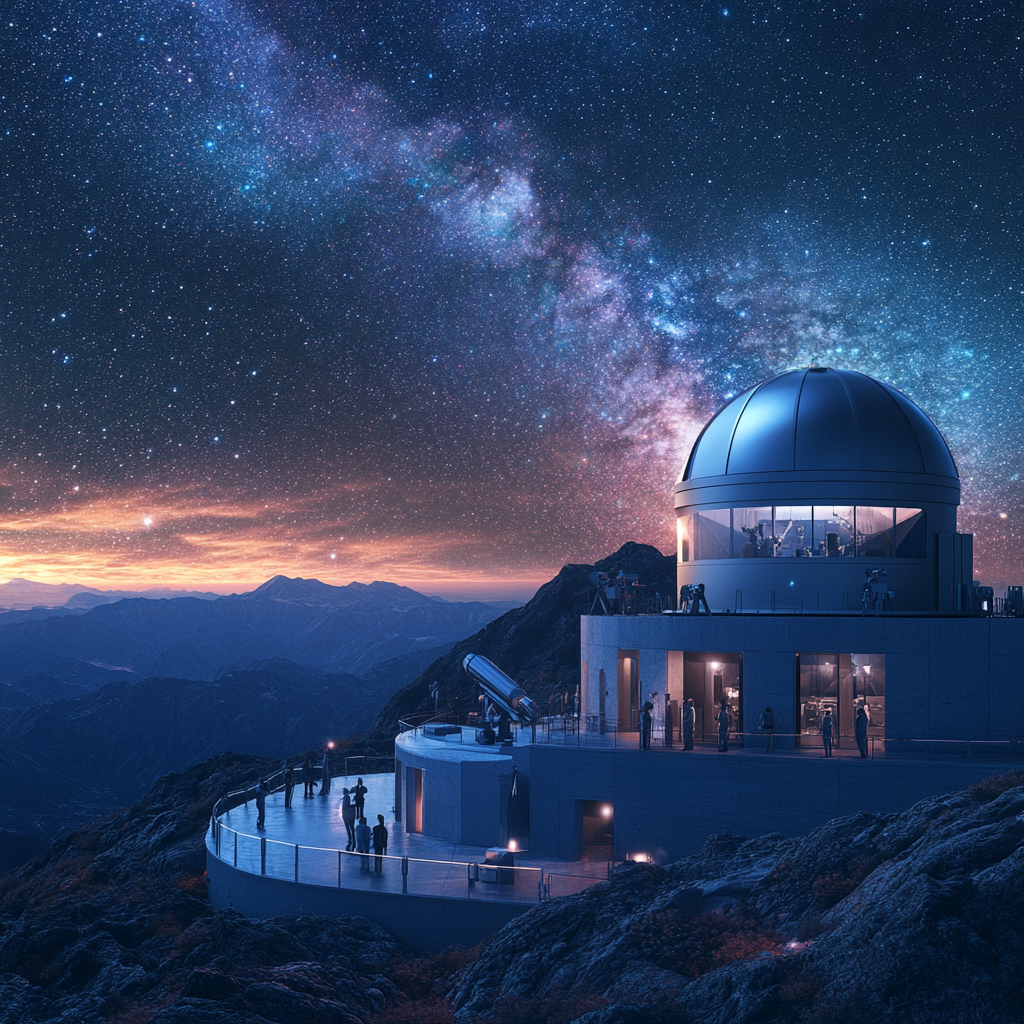 High-Tech Observatory on Mountaintop with Astronomers Studying Night Sky