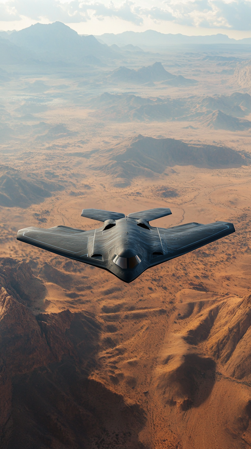 High-altitude view of B-21 Raider flying over desert.