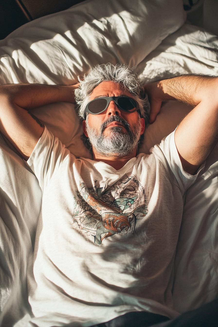 High angle photo of Guy Fieri sitting in bed