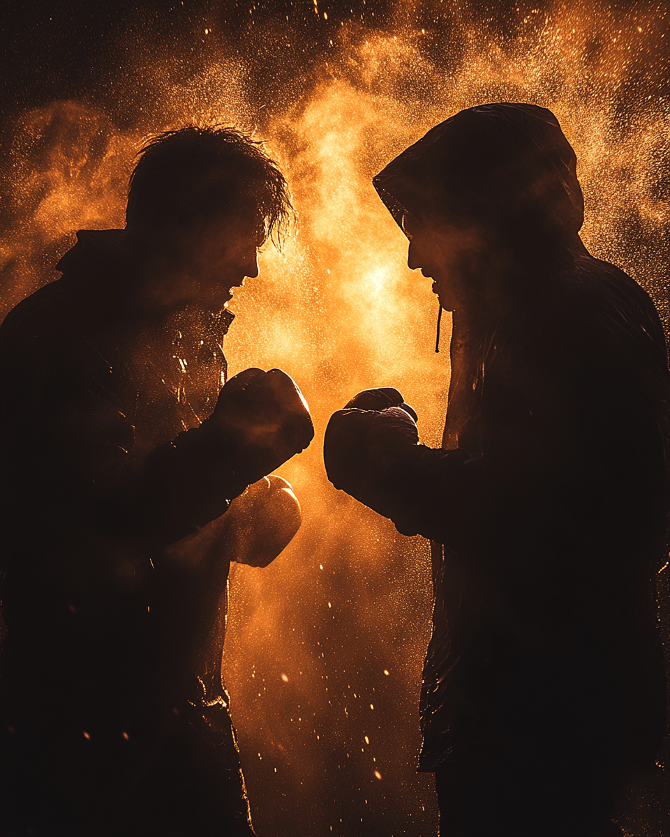 High contrast, close-up of two fighting people.