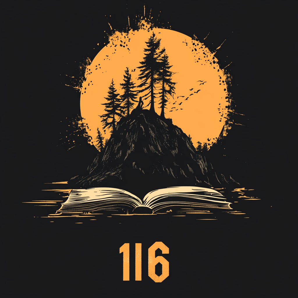 High contrast funky tee shirt design with sun, island, book, and number 16.