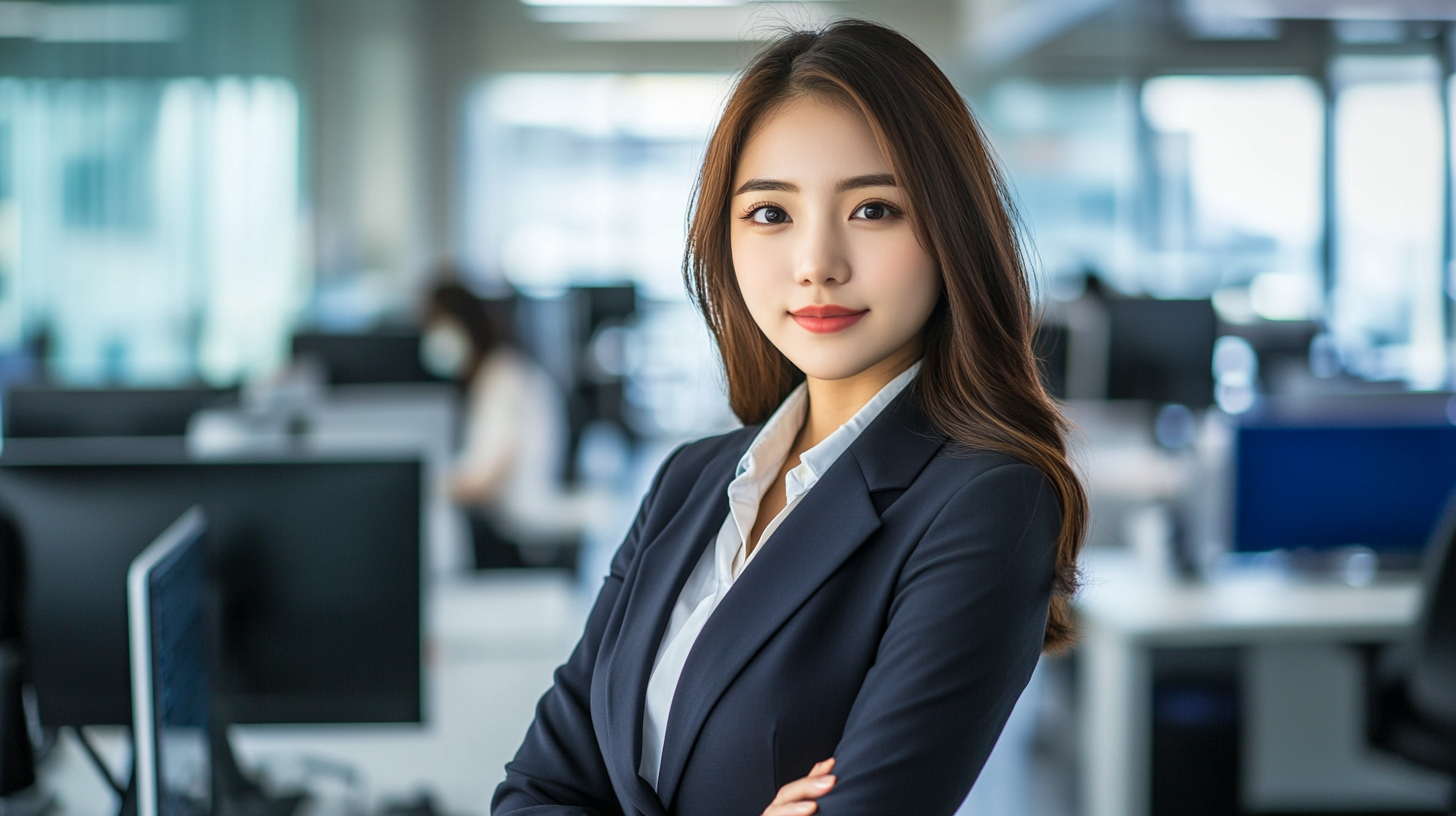 High contrast photo of beautiful Asian woman in office.