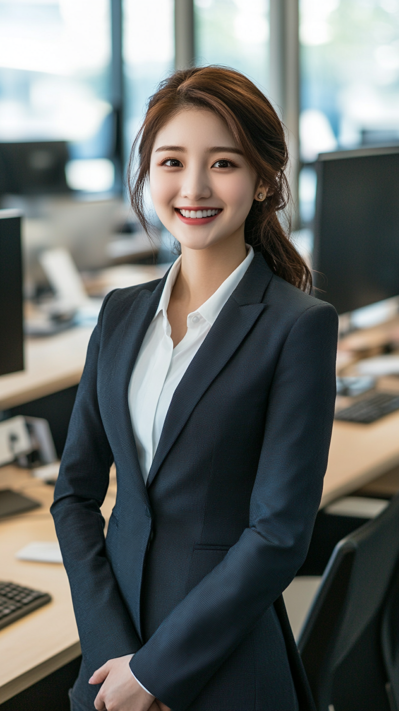 High contrast photo of smiling Asian business woman, no freckles.