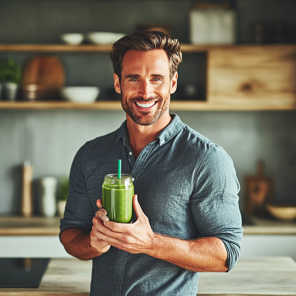 High-def image of man in kitchen with smoothie, exuding strength and luxury.